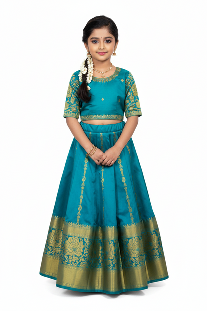 Sky Blue shade vegan silk Kids Pattu Pavadai with contrast border for age 2 to 5