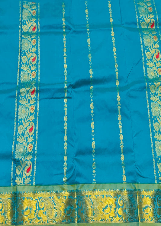 Sky Blue shade vegan silk Kids Pattu Pavadai with contrast border(Size-5) Below 5 years