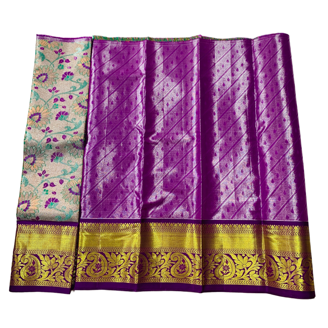 Sliver shade Vegan Silk Kids Pattu Pavadai with Contrast border for age 2 to 5