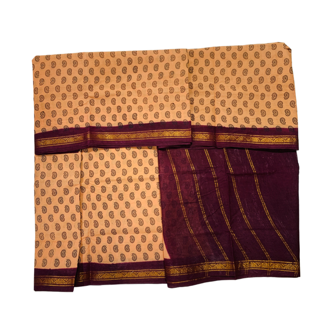 9 yards Cotton Saree Sandal Colour with Brown Border