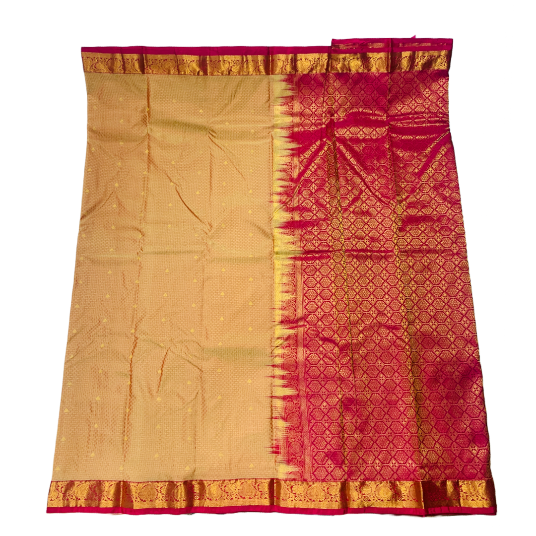 Sandal shade Semi Silk Saree with Pink Border with Mango and Flower Design