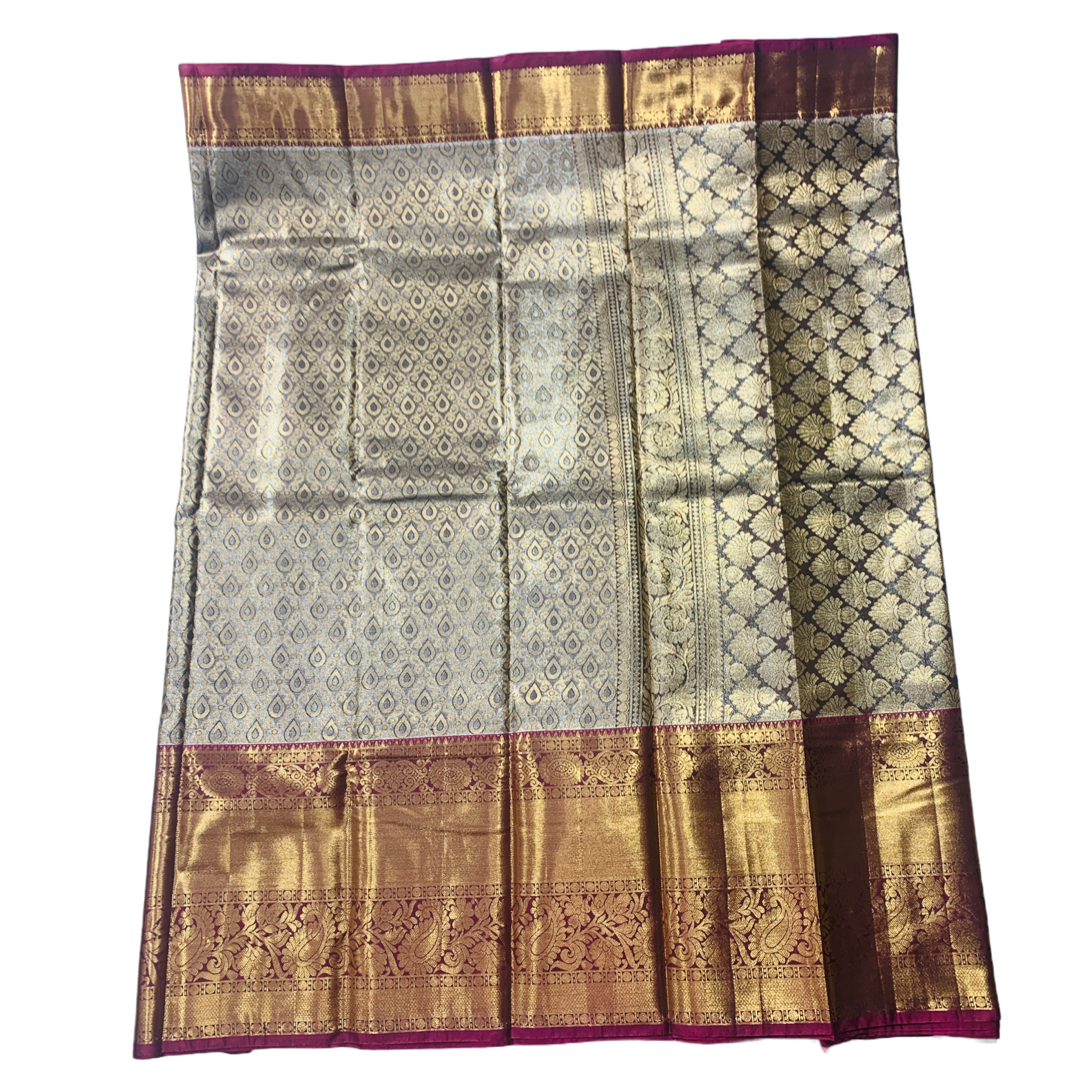 Sliver Gray shade Soft kanchi pattu with Maroon Border