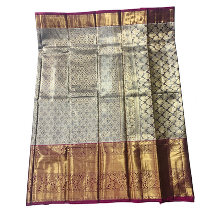 Sliver Gray shade Soft kanchi pattu with Maroon Border