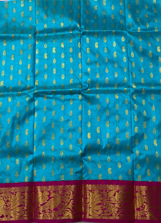 Sky Blue shade Pure kanchipuram Kids Pattu Pavadai with contrast border(Size-2)Below 1 year