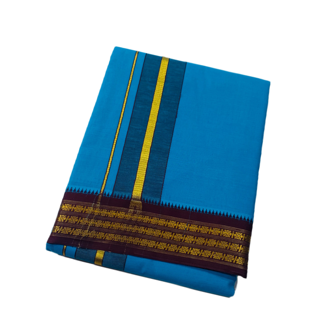 SkyBlue shade Cotton Dhoti with Border Brown shade with diamond design.