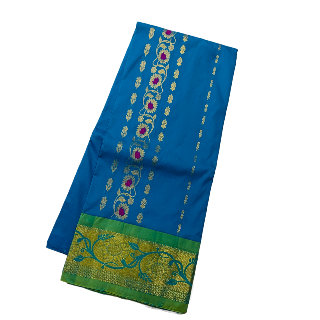 Sky Blue shade Semi Silk Kids Pattu Pavadai with contrast border for age 5 to 10