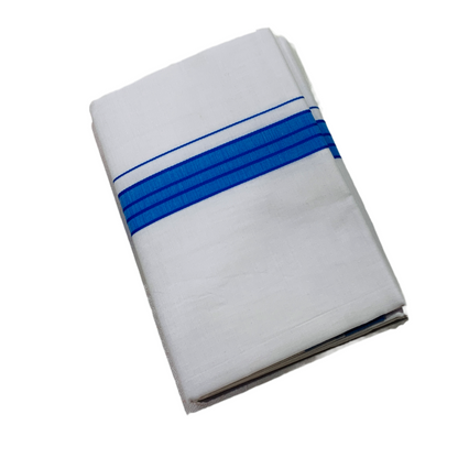 White Cotton Dhoti with Large Sky Blue Border.