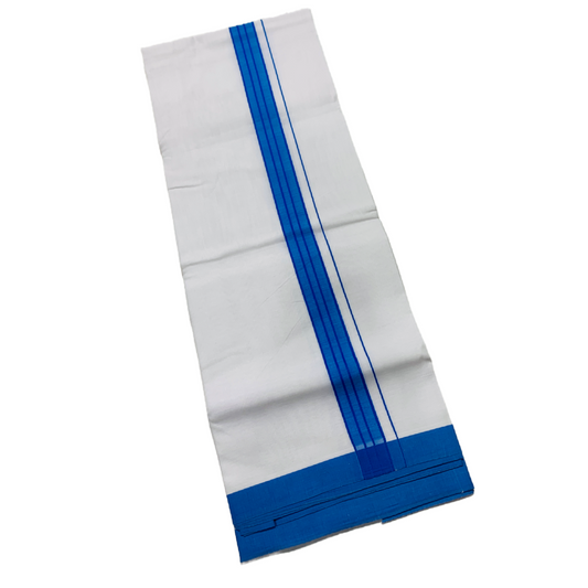 White Cotton Dhoti with Large Sky Blue Border.