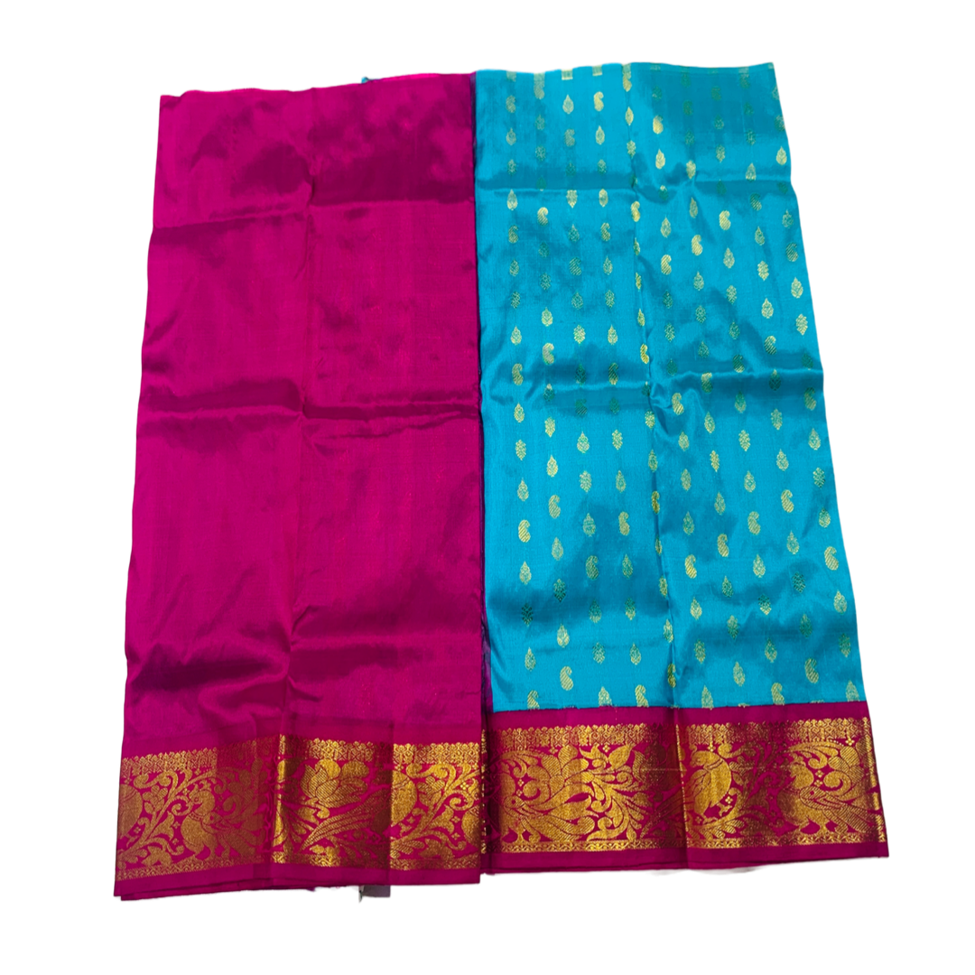 Sky Blue shade Pure kanchipuram Kids Pattu Pavadai with contrast border for newborn to 2 Years