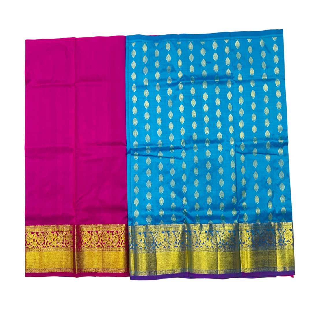 Sky Blue shade Pure Kanchipuram Kids Pattu Pavadai with contrast border for age 2 to 5