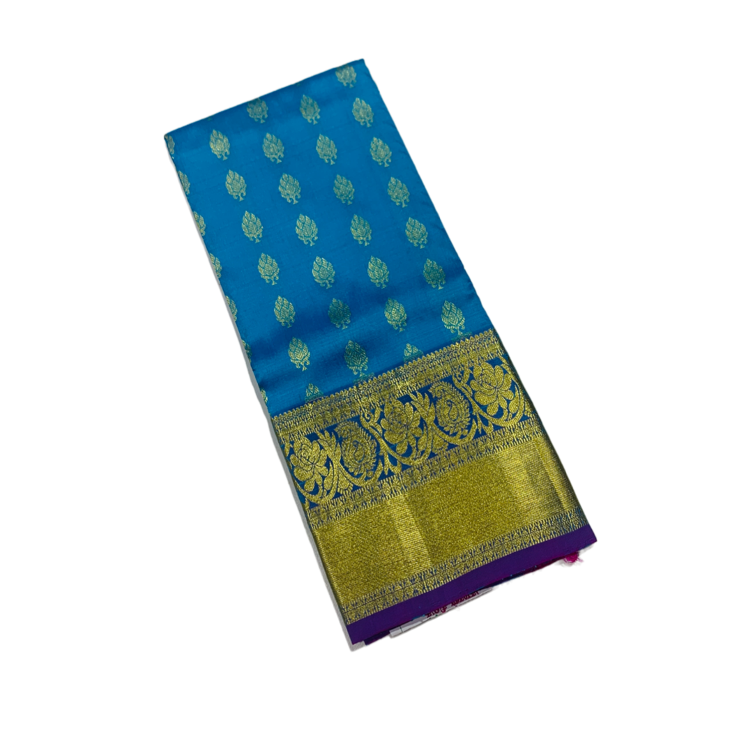 Sky Blue shade Pure Kanchipuram Kids Pattu Pavadai with contrast border for age 2 to 5