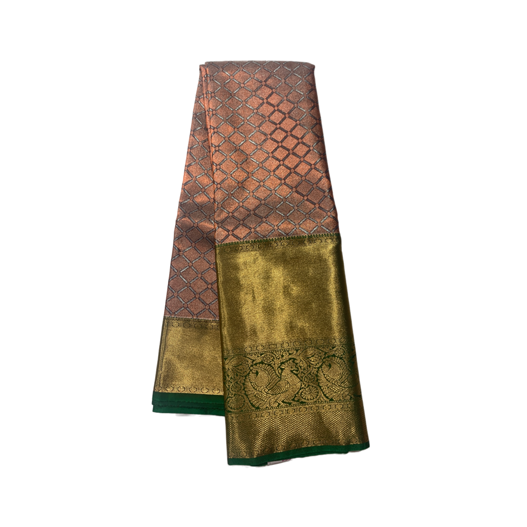 Sliver Orange shade Soft kanchi pattu with Green Border.