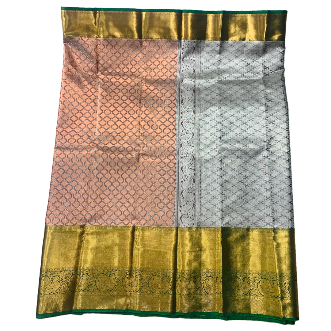 Sliver Orange shade Soft kanchi pattu with Green Border.