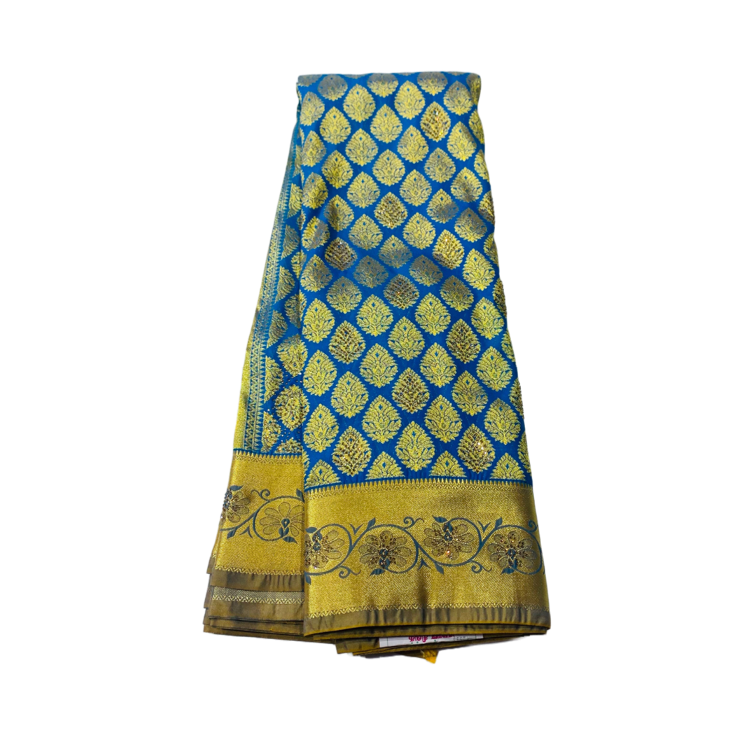 Bridal Vegan Silk Saree Ananda blue shade with Unstitched blouse in Aari work