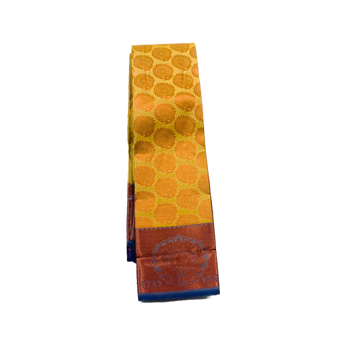 Vegan Silk Saree Canary Yellow with Copper and Sky blue with Mango and flower design.