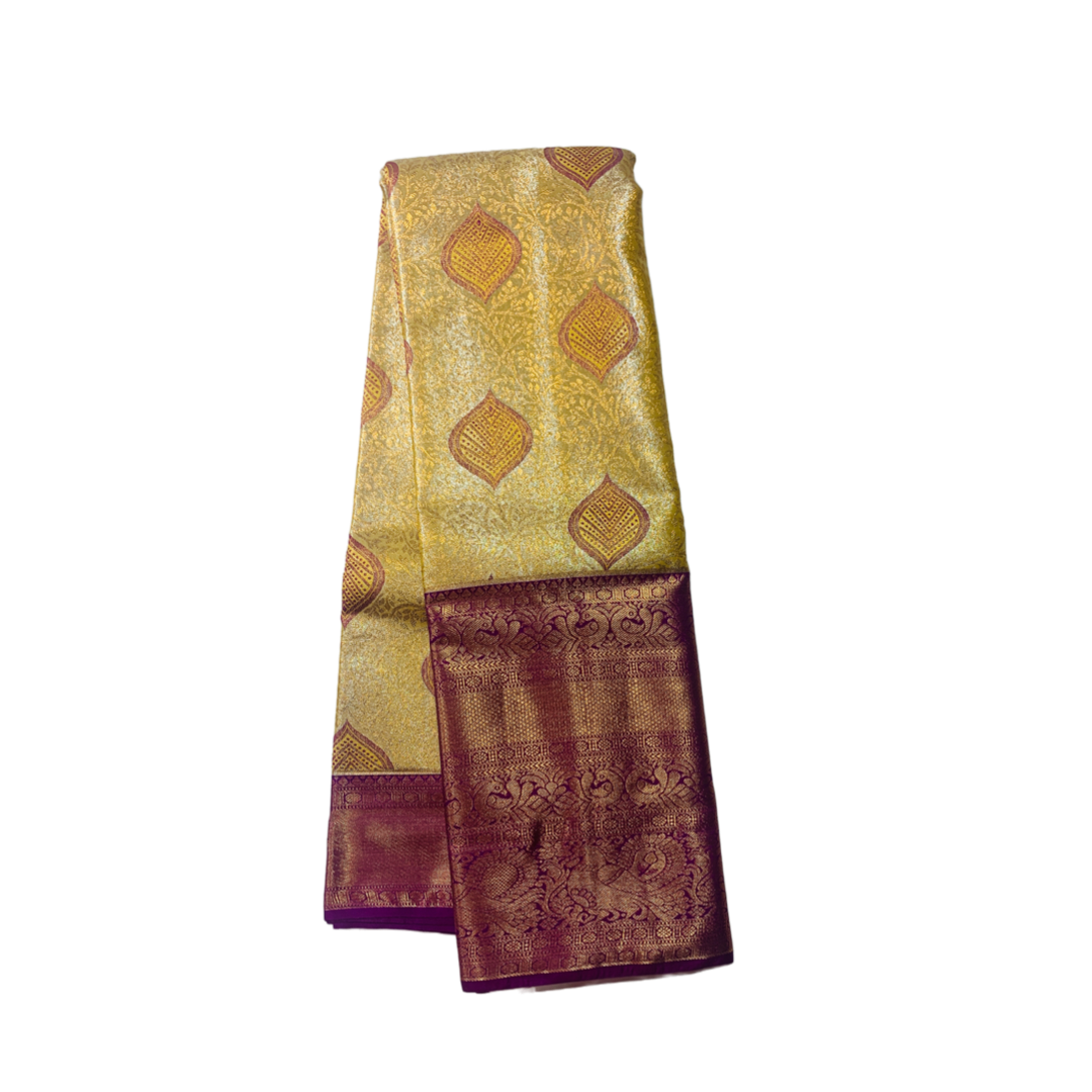 Tussar shade Soft kanchi pattu with Purple Border.