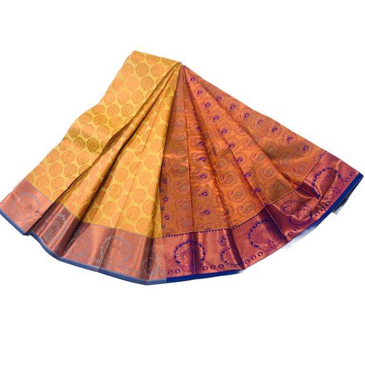 Vegan Silk Saree Canary Yellow with Copper and Sky blue with Mango and flower design.