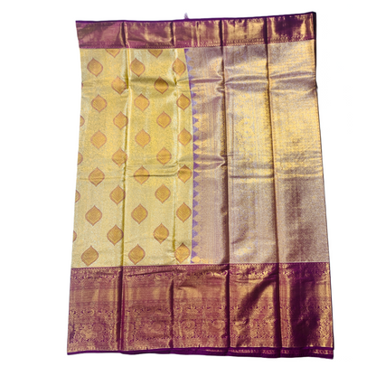 Tussar shade Soft kanchi pattu with Purple Border.