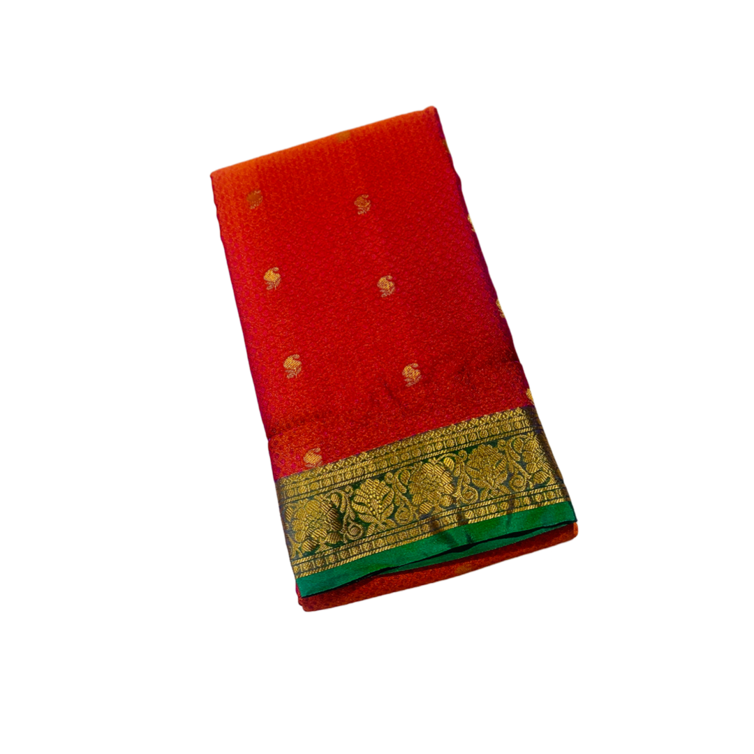 Tomato Red shade Semi Silk Saree with Green Border with Flower Design