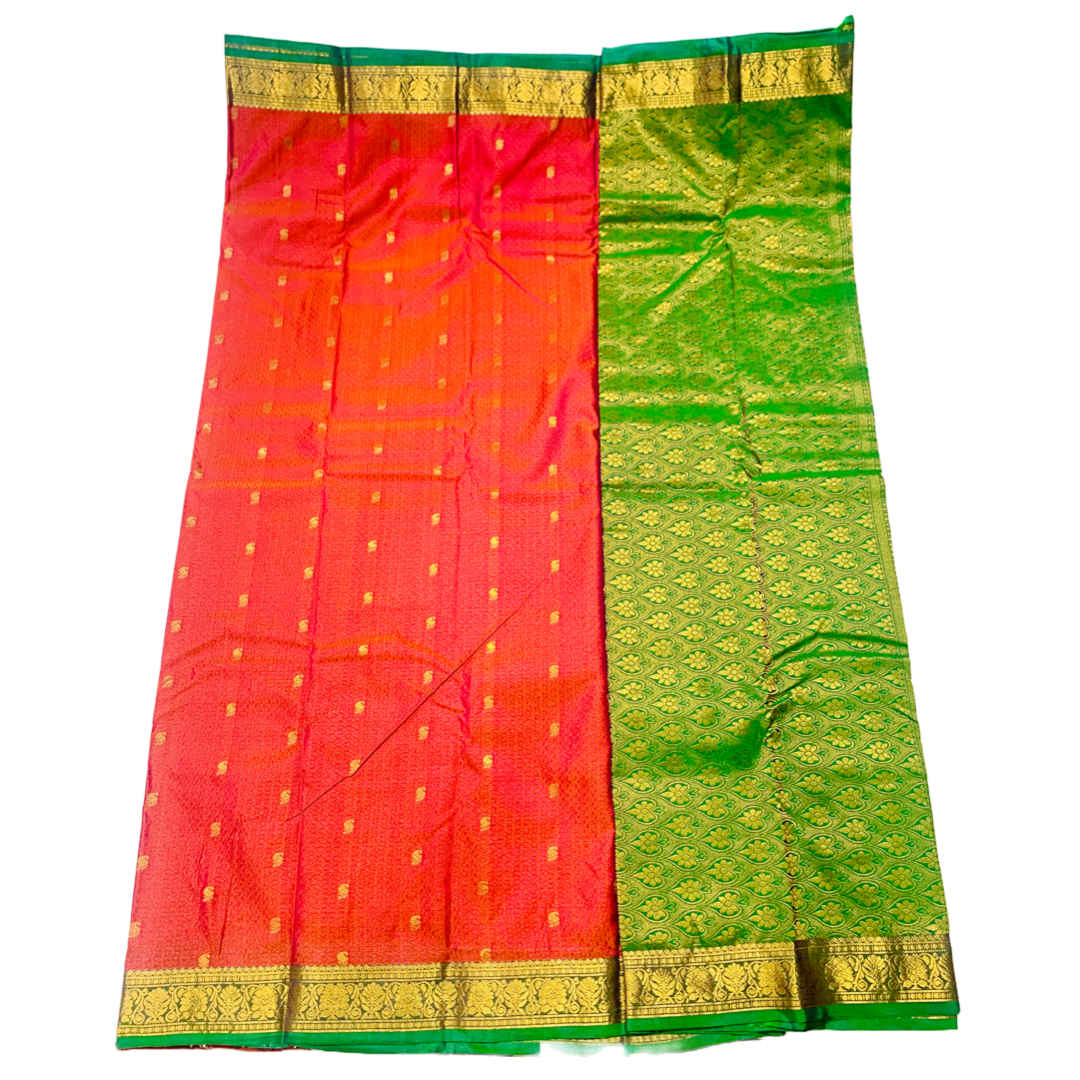 Tomato Red shade Semi Silk Saree with Green Border with Flower Design