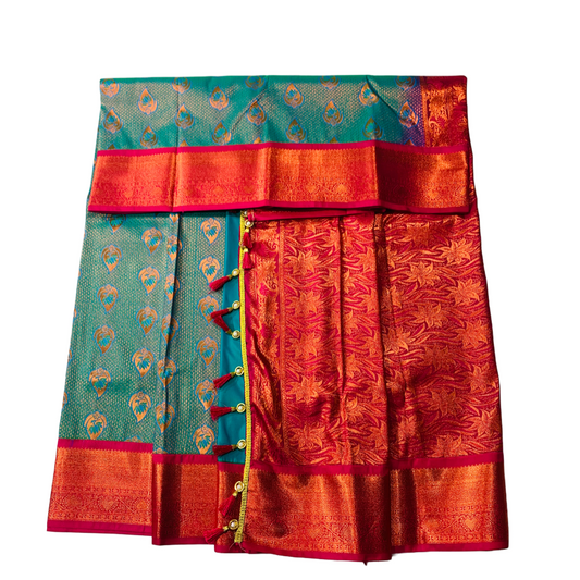 Vegan Silk Saree Rama Green shade with Pink Border with Unstitched blouse in Aari work