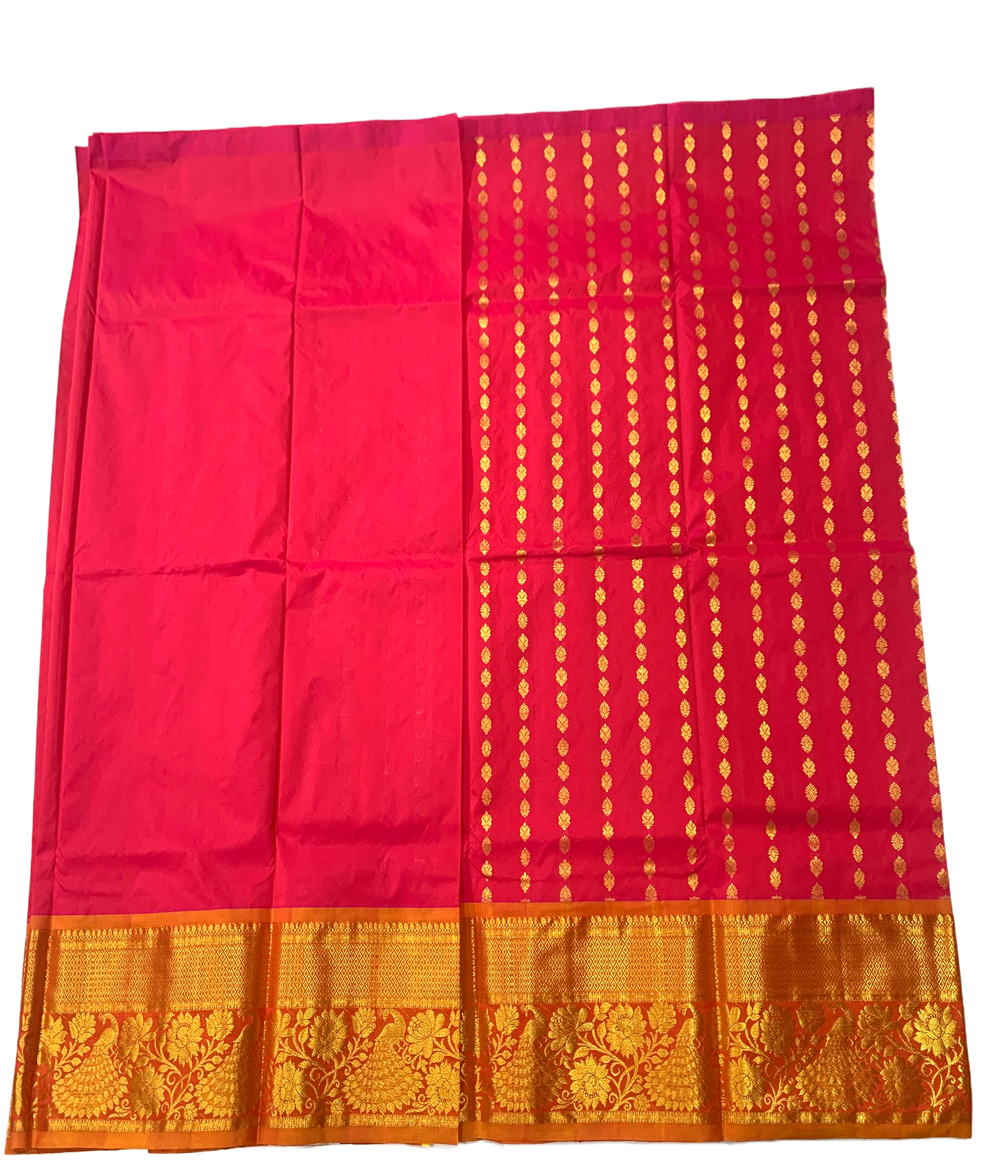 Rani Pink shade Semi Silk Kids Pattu Pavadai with contrast border  for age above 10 years