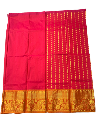 Rani Pink shade Semi Silk Kids Pattu Pavadai with contrast border  for age above 10 years