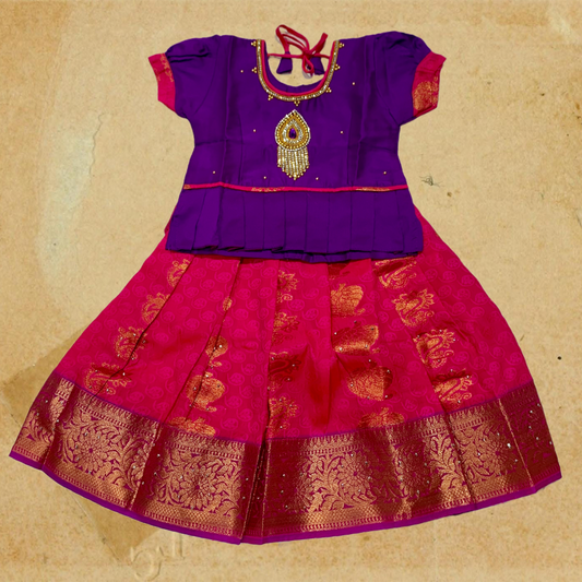 Ready To Wear Pink Pavadai with contrast Violet Blouse - 2 Year Baby