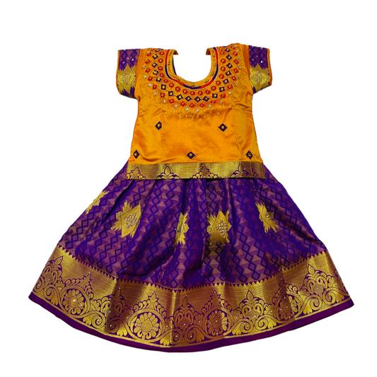 Ready To Wear Violet Pavadai with contrast Mango Yellow Blouse-1 Year Baby