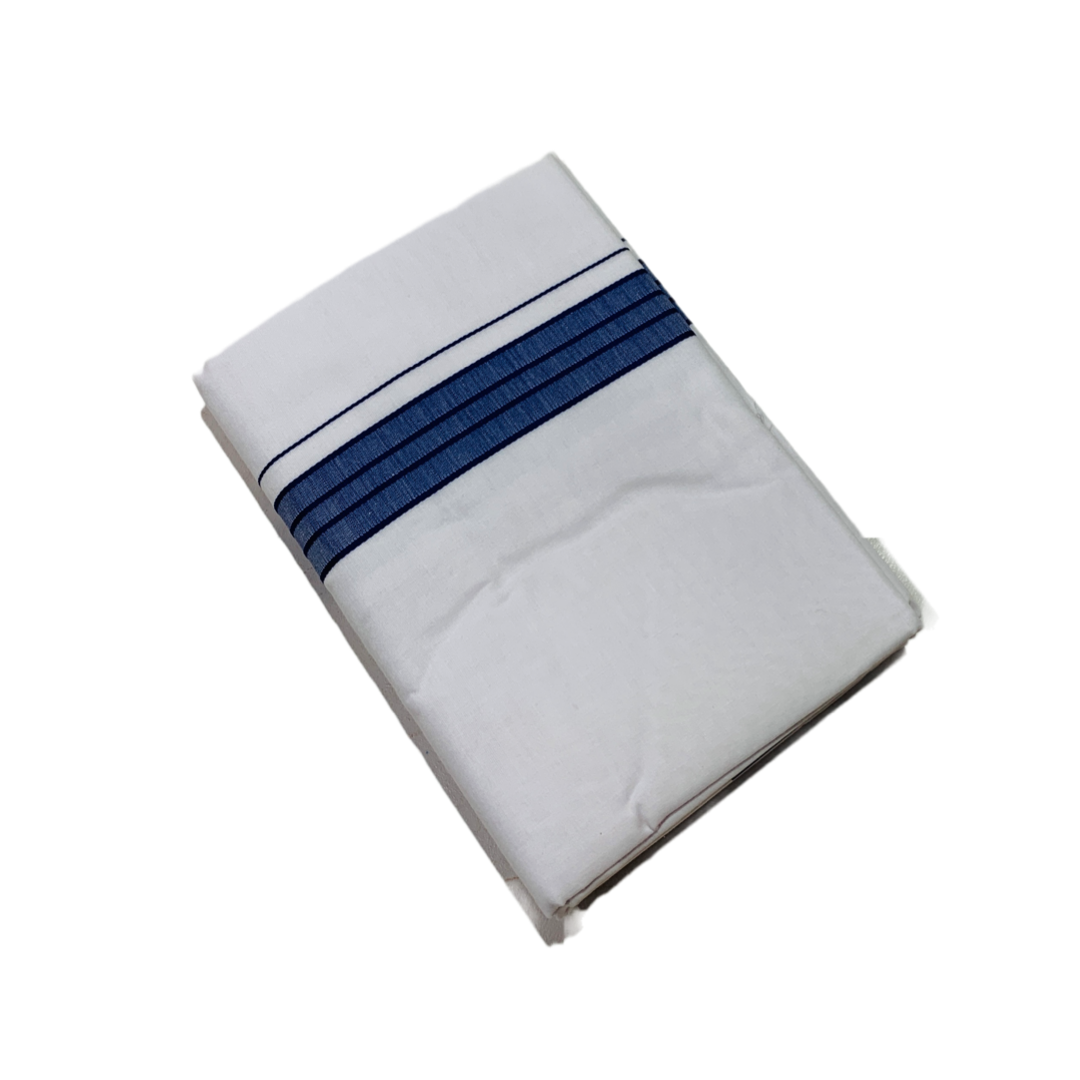 White Cotton Dhoti with Large Blue Border.