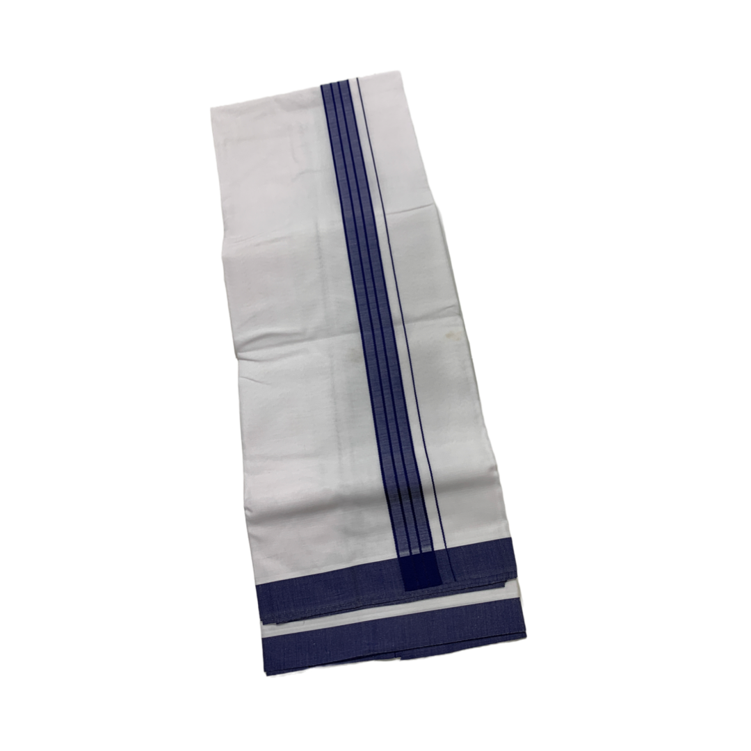 White Cotton Dhoti with Large Blue Border.