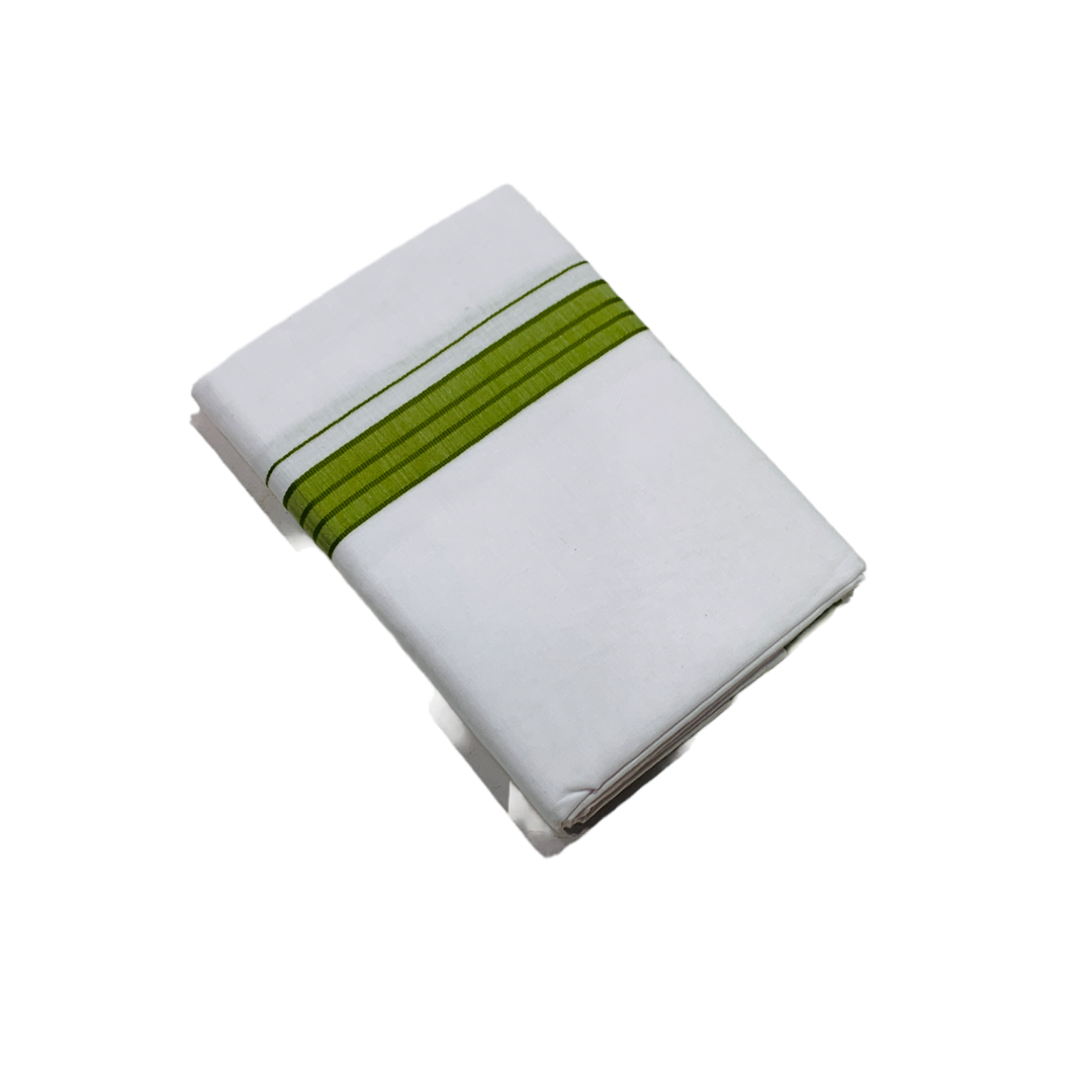 White Cotton Dhoti with Large Olive Green Border.