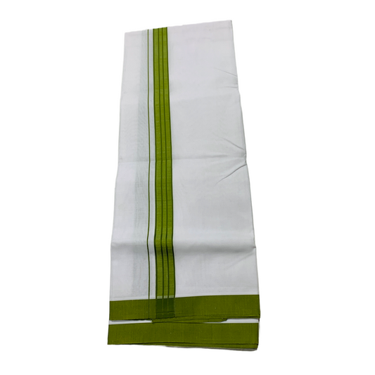 White Cotton Dhoti with Large Olive Green Border.