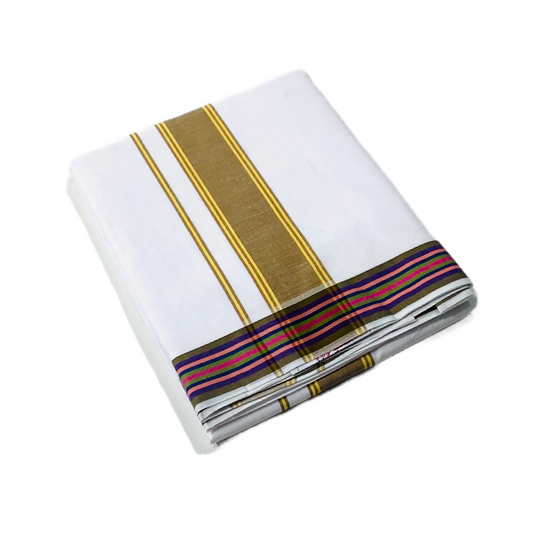 White shade Cotton Dhoti with Center Border is Brown and Golden Yellow shade .