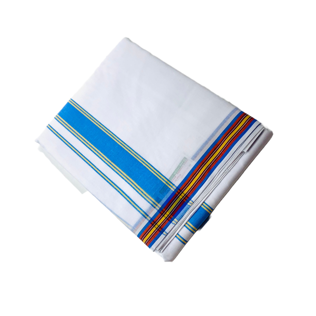 White shade Cotton Dhoti with Center Border is Sky Blue and Golden Yellow shade .