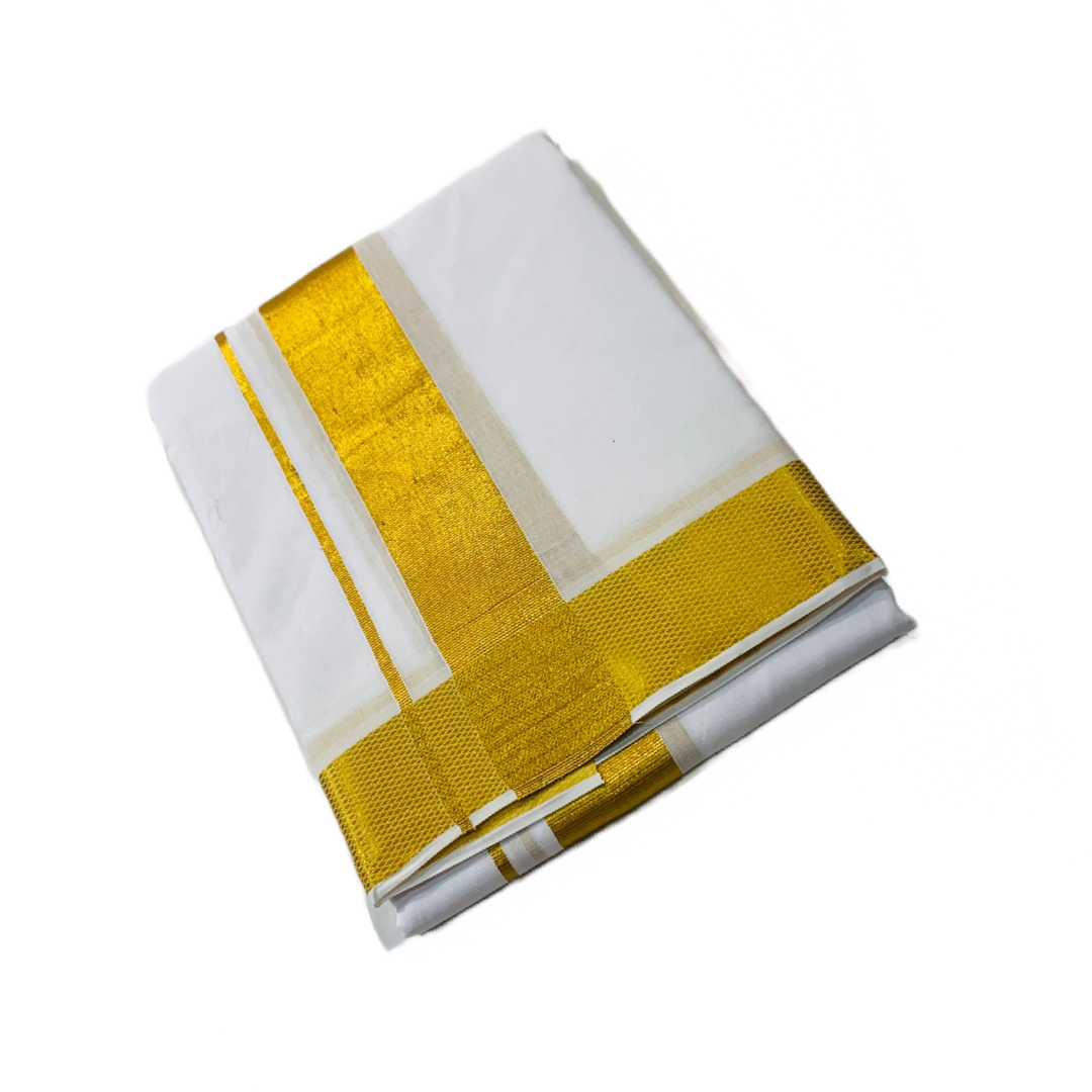 White Cotton Dhoti with  Center Border is Large Golden.