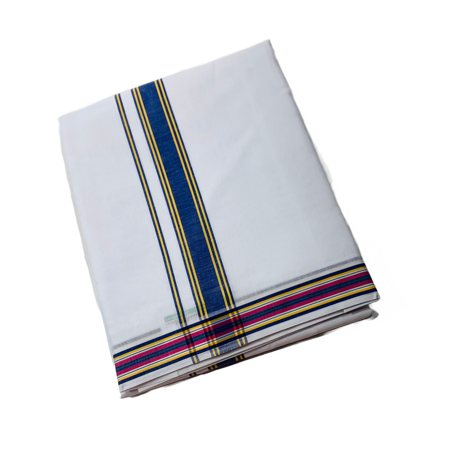 White shade Cotton Dhoti with Center Border is Navy Blue and Golden Yellow shade .