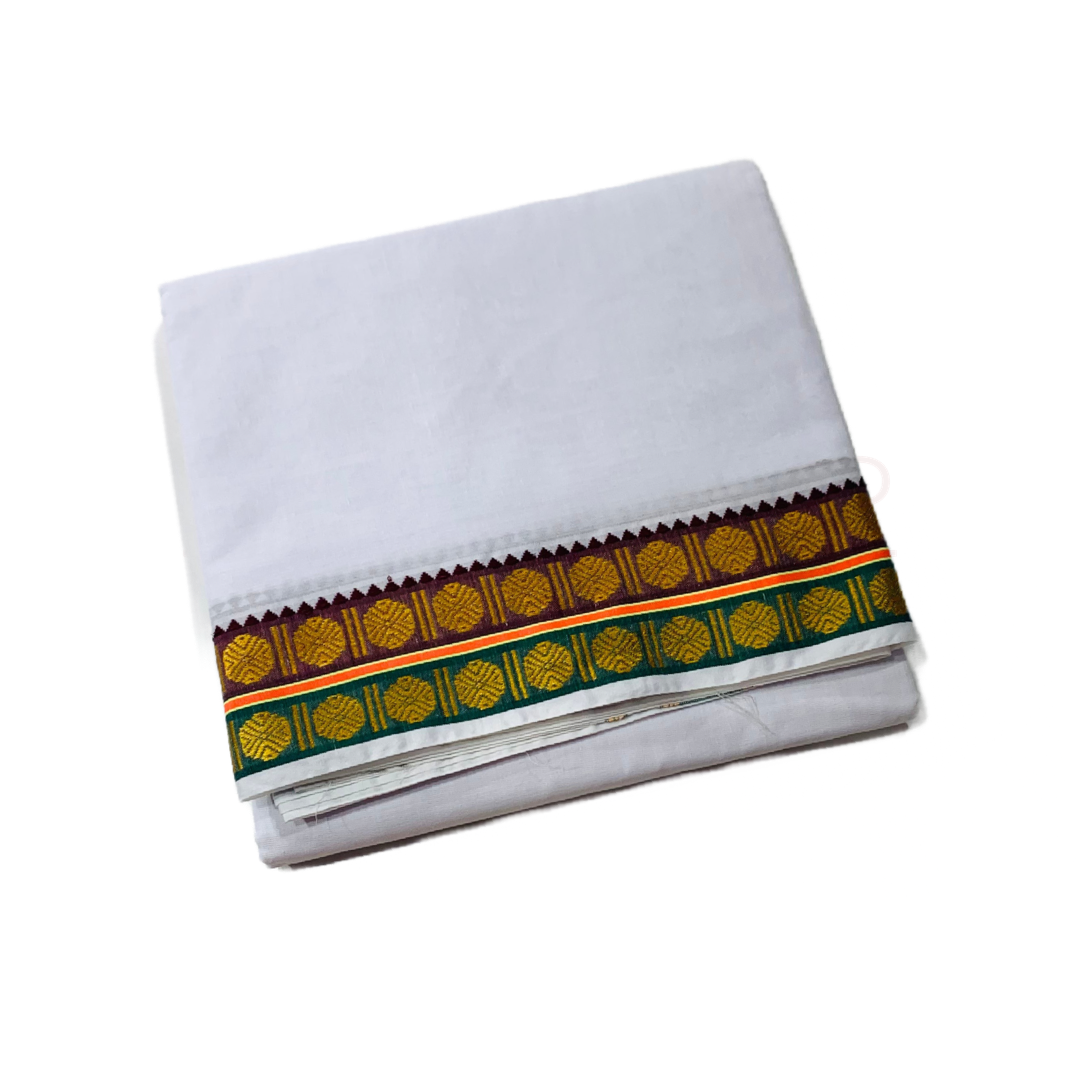 White shade  Cotton Dhoti with Border is Maroon and Green shade .