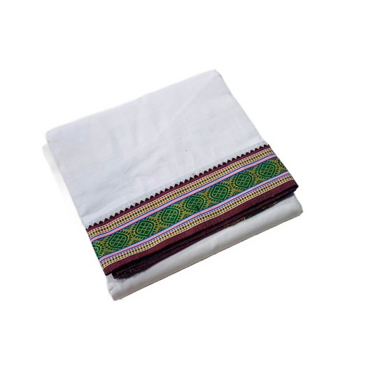 White shade Cotton Dhoti with Border Green and Maroon  shade .