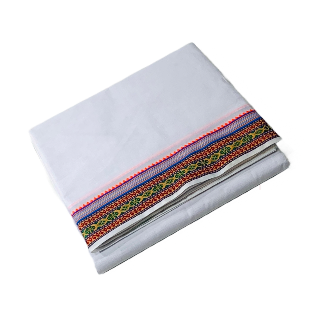 White shade Cotton Dhoti with Border Green and  Red shade.