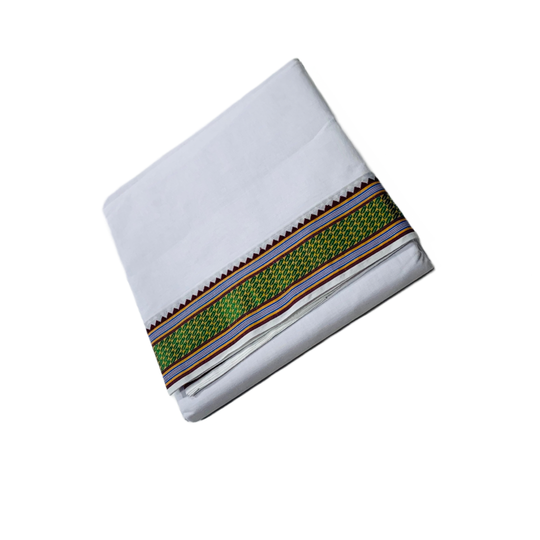 White shade Cotton Dhoti with Border Green  shade.