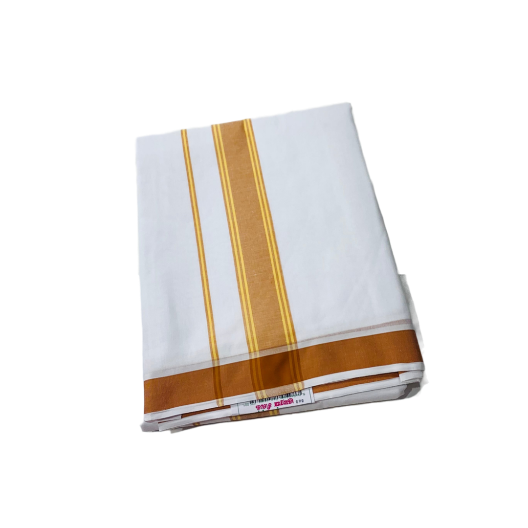 White shade Cotton Dhoti with Border is  Golden yellow shade .