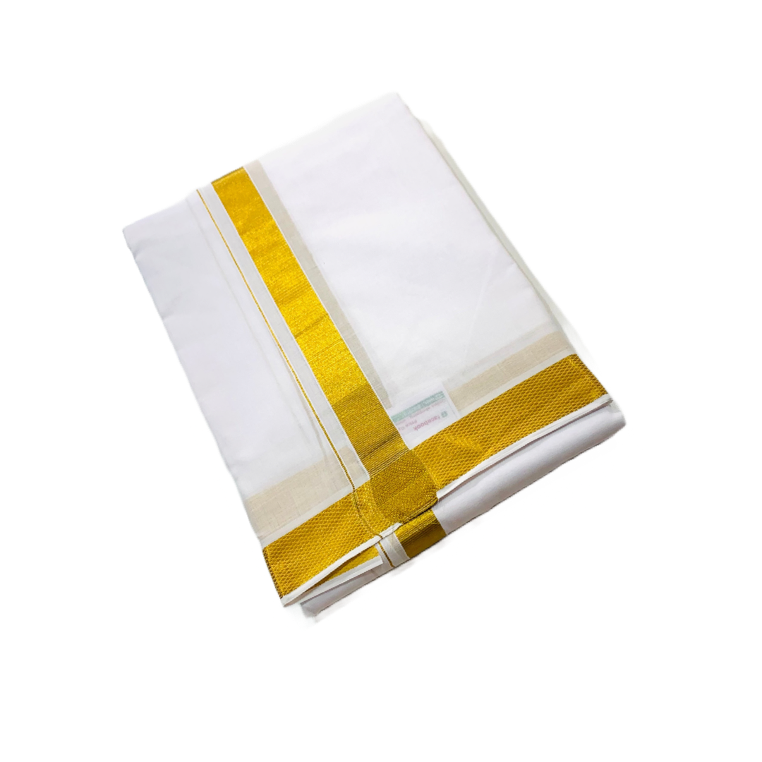 White Cotton Dhoti with Center Border is  Golden.