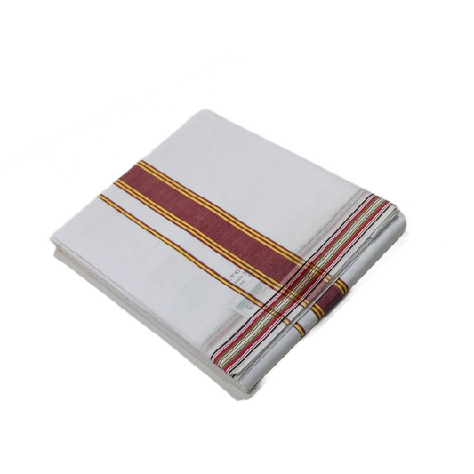 White shade Cotton Dhoti with Center Border is Maroon and  Golden Yellow shade .