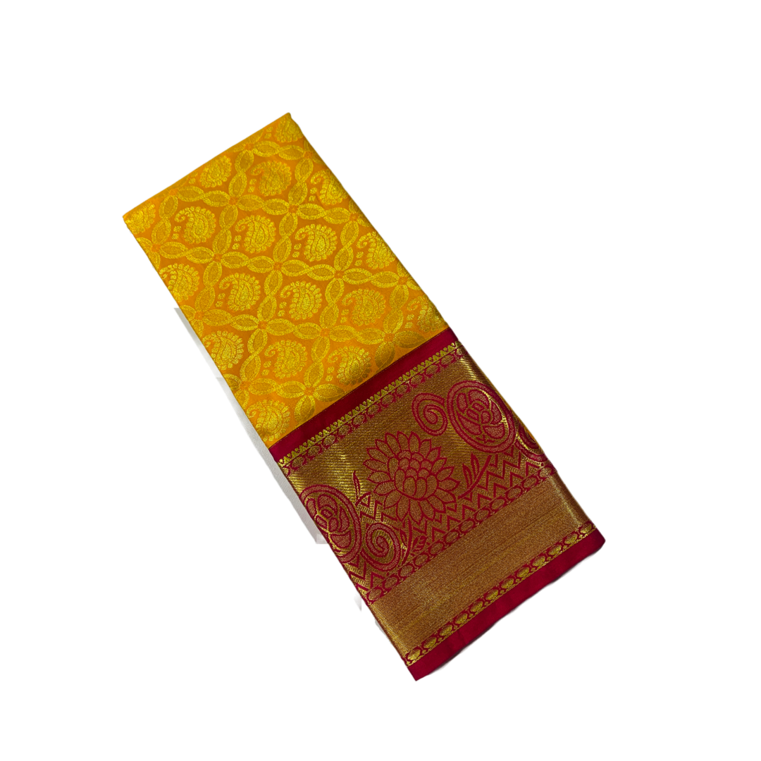 Yellow shade Vegan silk Kids Pattu Pavadai with contrast border for age 5 to 10