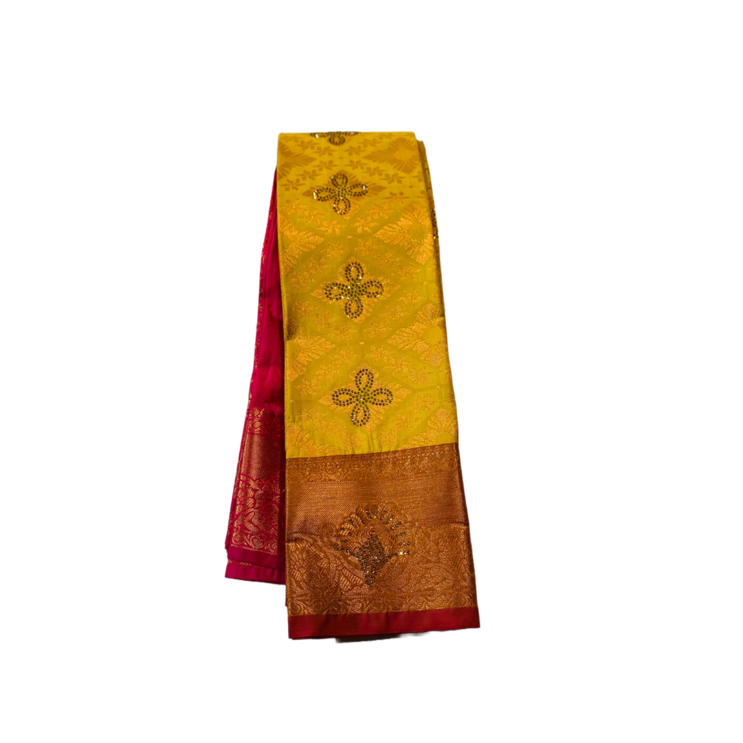 Vegan Silk Saree Canary Yellow with Copper with Maroon with flower design.