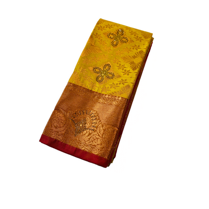 Vegan Silk Saree Canary Yellow with Copper with Maroon with flower design.