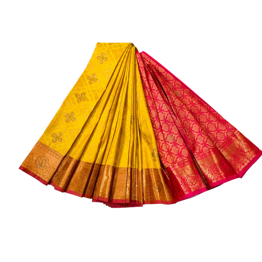Vegan Silk Saree Canary Yellow with Copper with Maroon with flower design.
