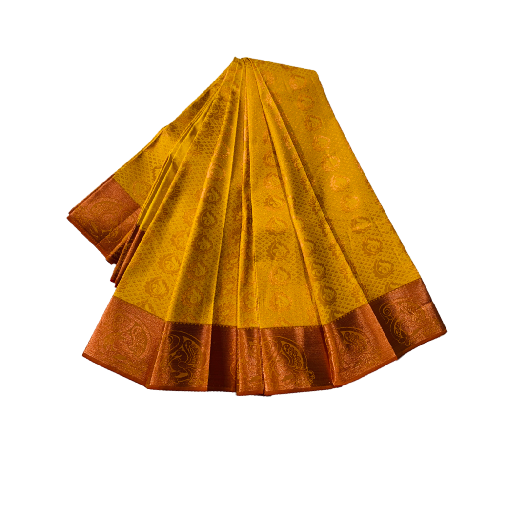 Yellow shade Soft kanchi pattu with Copper Border with Mango and Peacock design.