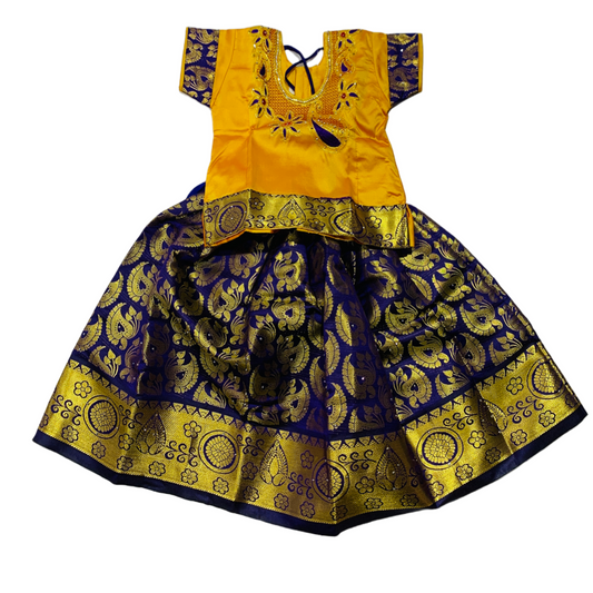 Ready To Wear Blue Pavadai with contrast Yellow Blouse - 2 Year Baby